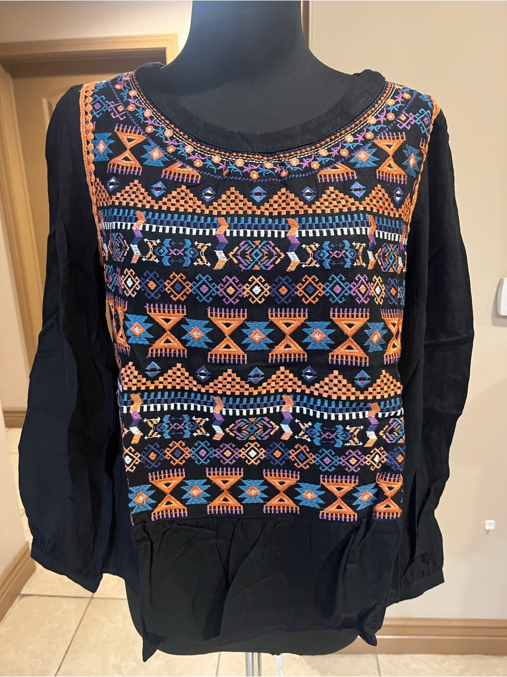 Savanna Jane Black Tunic with Orange & Blue Geometric Embroidery